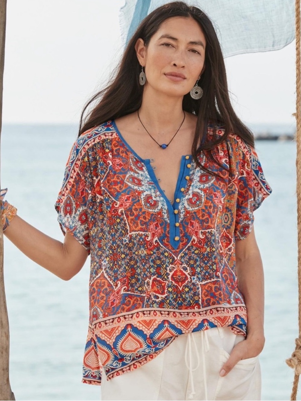 Sundance Boho Grand Tropics Short Sleeve Blouse Top